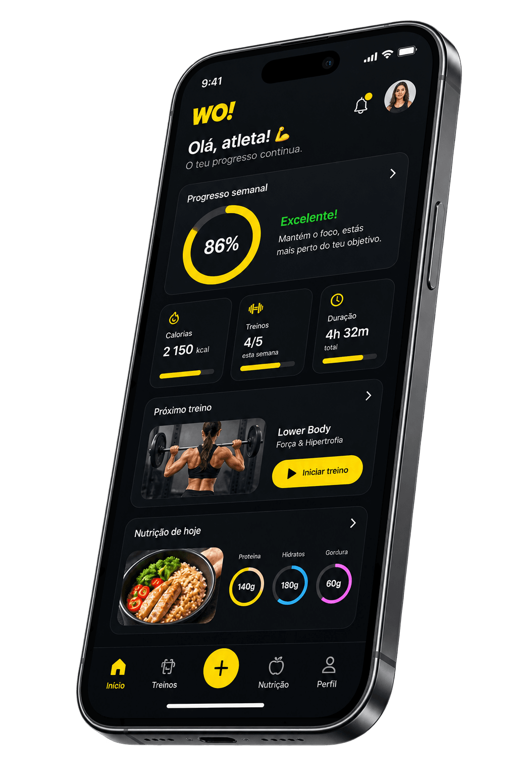Ecrã da aplicação WO! com o progresso semanal, treinos e nutrição do dia